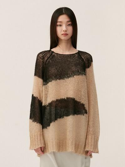 Abstract Print Knit Top (Beige)