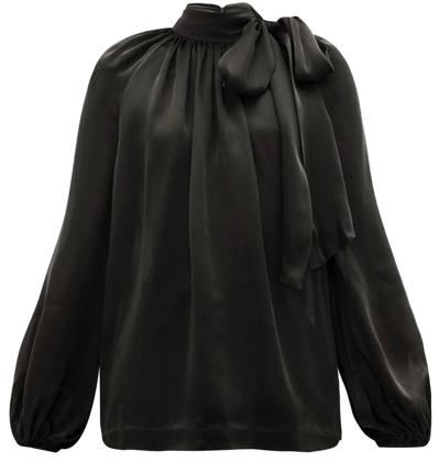 Black Super Eight Pussy-Bow Silk-Charmeuse Blouse