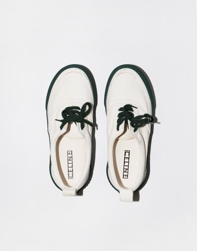 Old Celine Canvas Lace-Up Sneakers, White/Green