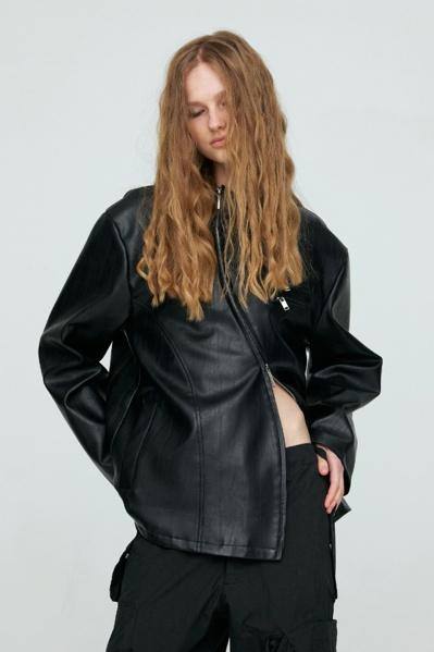 nache leather curved hoodie jacket 레더 커브드 후디 자켓