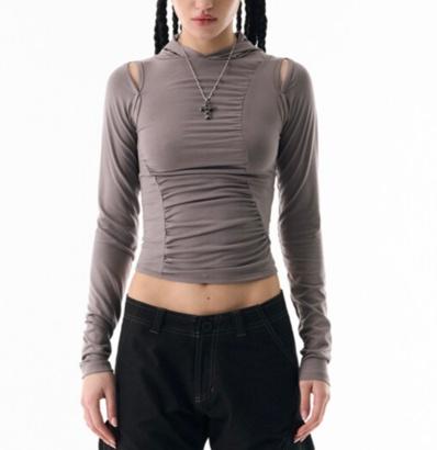 Cut-Out Shirring Hoodie Gray